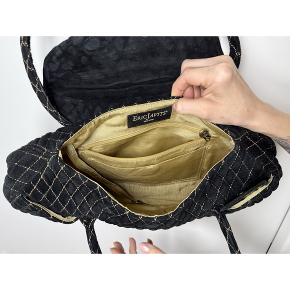 Eric Javits Quilted Black Velvet Tote Shoulder Bag Gold Stitching NYC - Picture 6 of 6